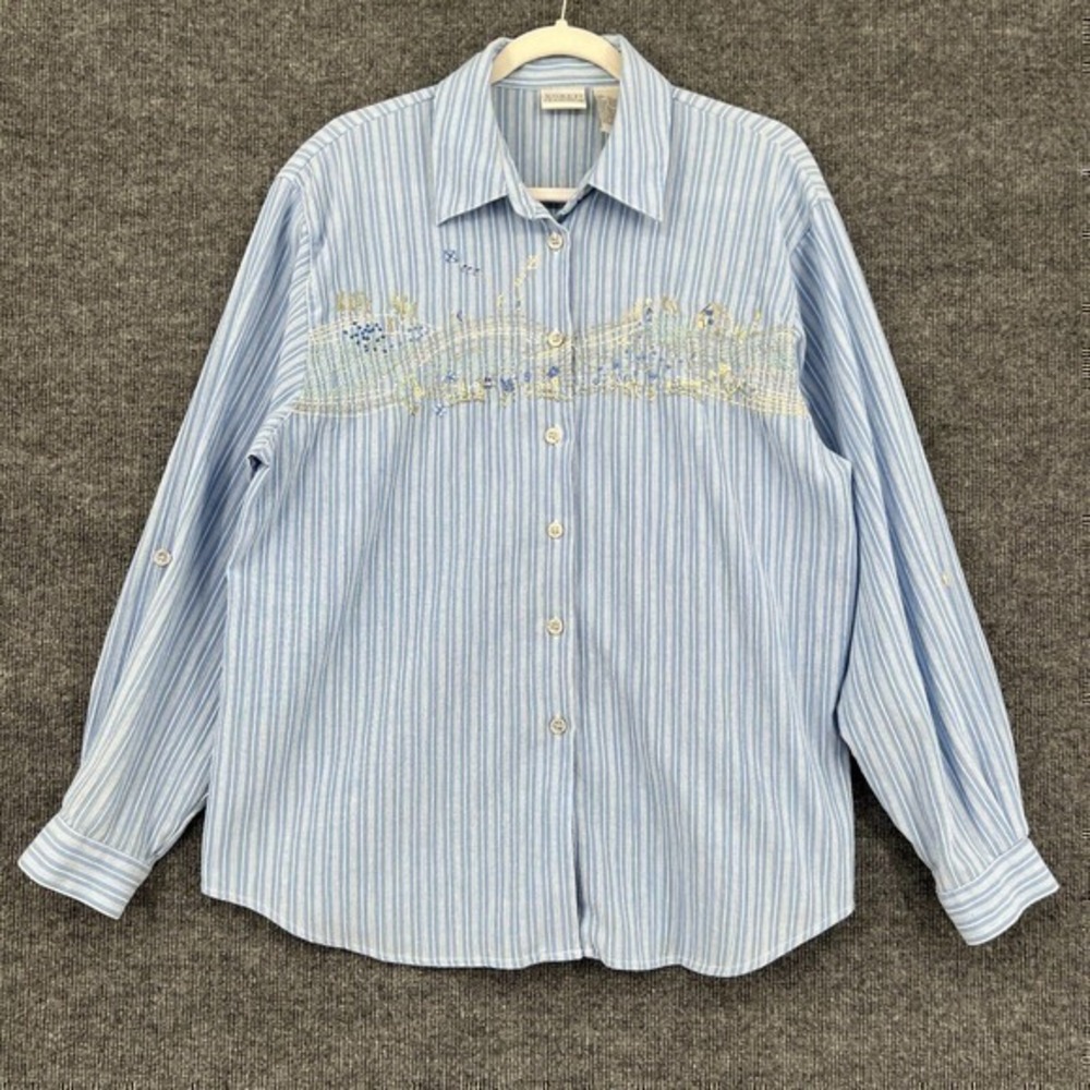 Vintage Koret Francisca Top Womens Large Blue White Striped Embroidered Coastal